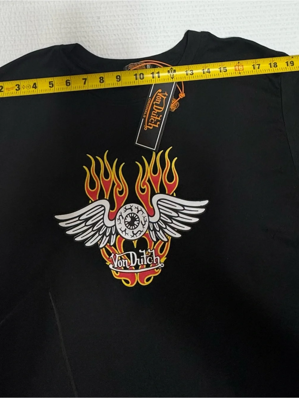 Von Dutch Black Tee with Yellow-Red Flame Wing Graphic